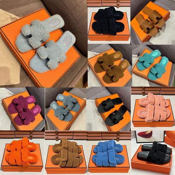 free shipping Designer sandals slippers with dust bag winter fashion new velcro furry slippers for women suitable for outdoor casual wear flat black brown red