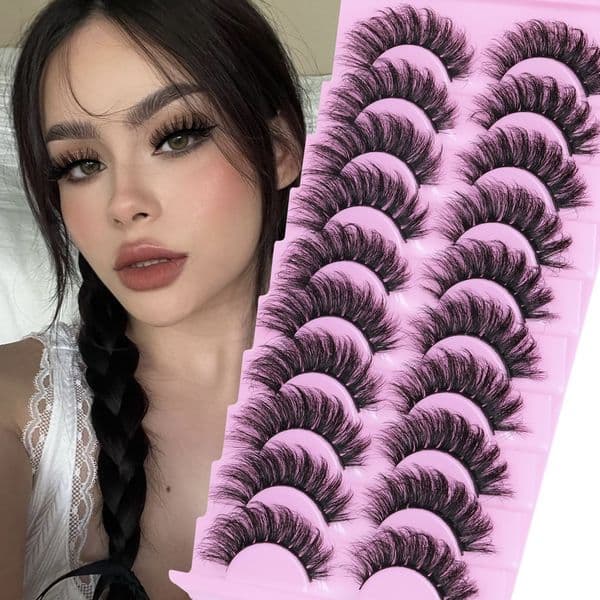 Thick Fluffy False Eyelashes Soft Light 10 Pairs 3D Faux Mink Lashes Full Strip Eyelash Extensions Makeup Accessory for Women Handmade Reusable Eyelashes