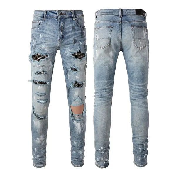 2025 Mens Dimond-encrusted Jens Ripped High Strt Ink Splshing Ptch Distressed Elstic Retro Pnts S260521