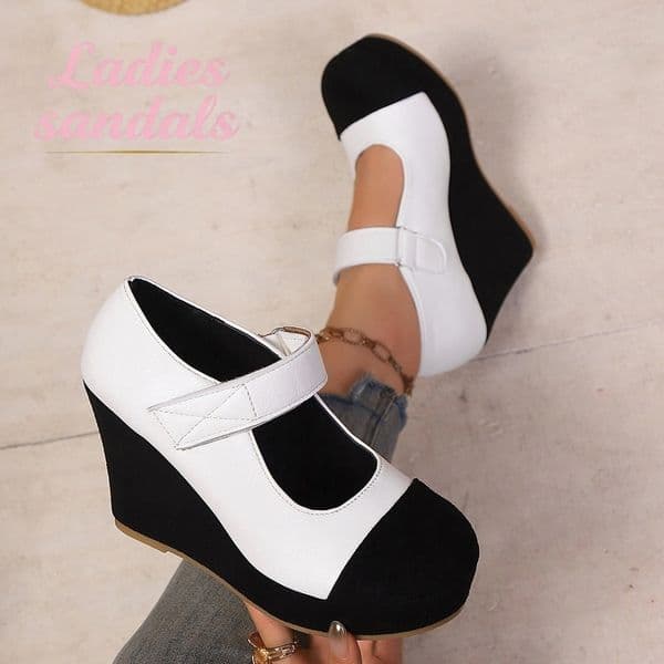 2026 New Fashion Wedge Thick Sole PU Color Block Classic Women's Velcro High Heel Shoes