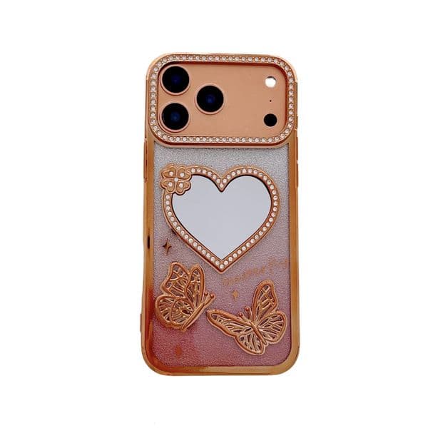Electroplated Heart Mirror Butterfly Phone Case iPhone 17 Pro Max Compatible with Apple 16/15 Gradient Water Ripple Paper Case