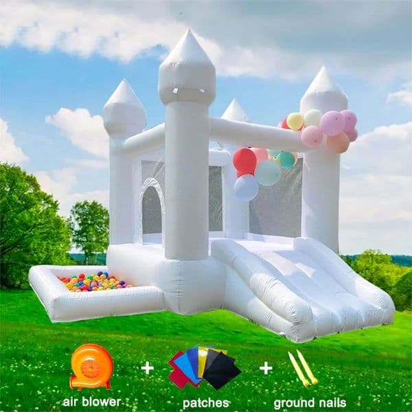 Soft Play Inflatable White Bounce House With Slide Ball Pit Party Used Inflatable Mini Bouncy castle with blower free ship to your door