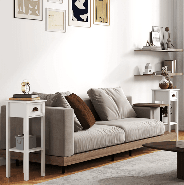 2-Tier Side Tables Set of 2 with Drawer and Shelf 2 Pieces End Tables for Living Room and Hallway
