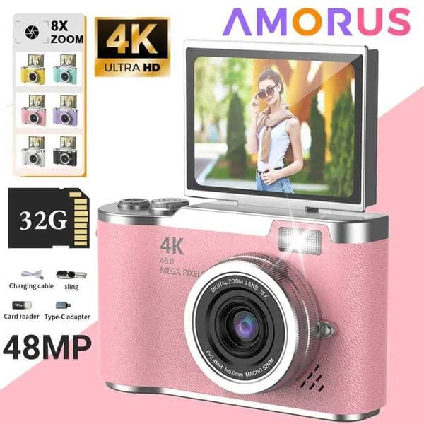 4K Digital Camera CCD 180 Flip Sn Selfie Camera 8X Digital Zoom 48MP Portable Digital Photography Camera with 32G CardXJ251203