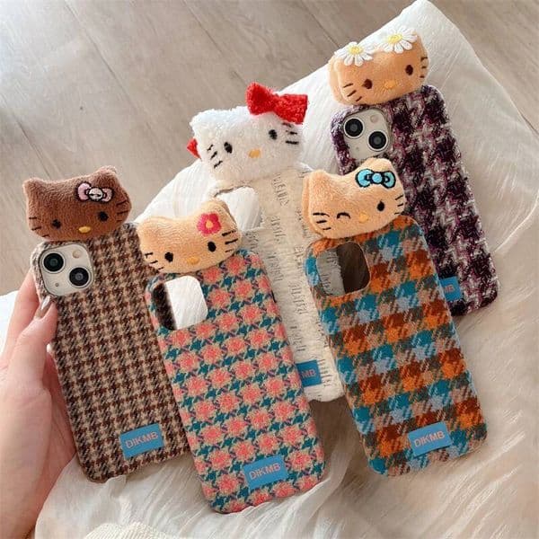 Autumn Winter warm Grid pattern Phone Case for iPhone 17 16 15 14 13 Pro max mini Stereoscopic 3D KT doll plush toy soft Cover