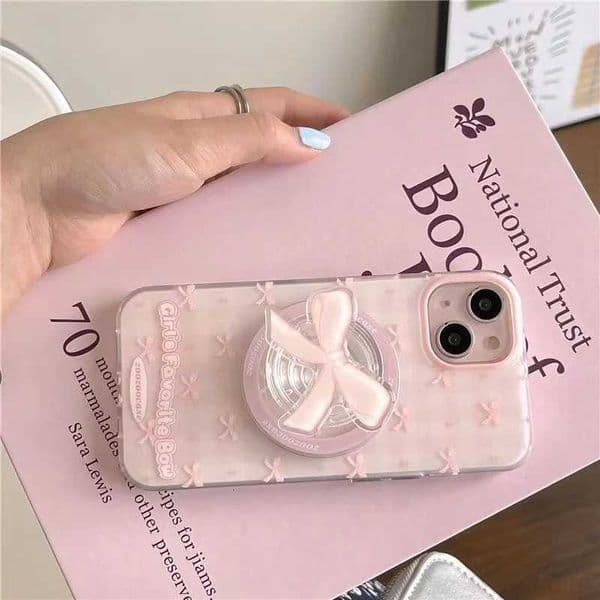 Magnetic pink bow phone case with holder For iPhone 11 12 13 14 15 16 17 Pro max Z251203