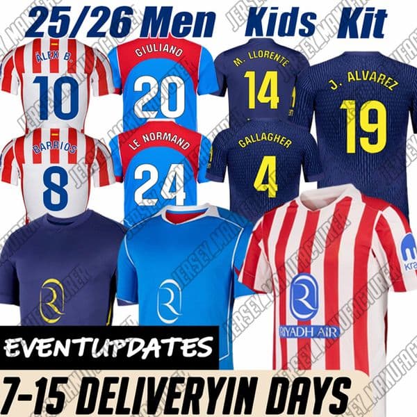 3XL 4XL atleticos de madrid jerseys 25 26 ALVAREZ BAENA BARRIOS GALLAGHER FootbaI LE NORMAND SIMEONE HANCKO RASPADORI Atletlco madrid jersey Men Kids fans player kit