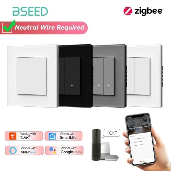 BSEED Zigbee 1/2/3/4Gang Smart Wall Switches Tuya Smart Life Alexa App Control Glass Panel Click Buttons EU Standard 86mm X251203