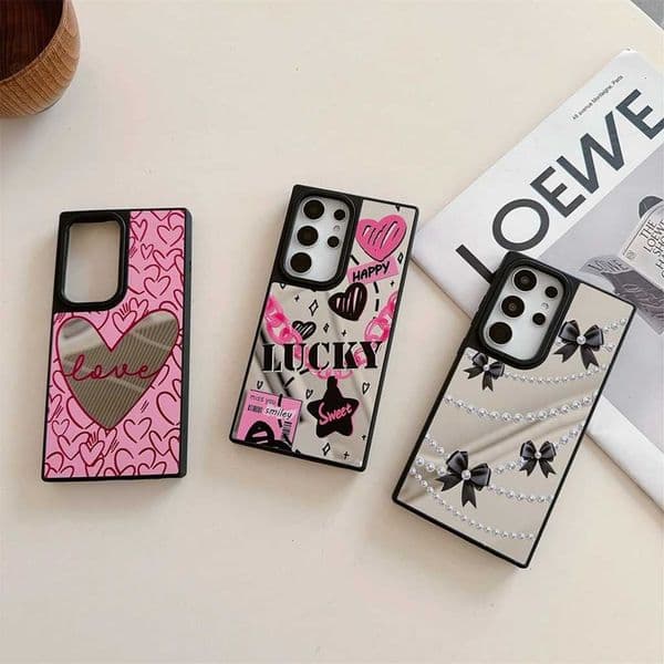 Colorful Love Graffiti Pearl Bowknot Mirror Film Phone Cover Case for Galaxy S23 S24 S25 Plus Ultra M251203