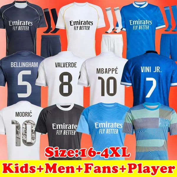 25 26 RMD MBAPPE maillot de foot VINI JR BELLINGHAM Soccer Jerseys Home Away 3rd RODRYGO VALVERDE Camiseta de futbol COURTOIS Kids Men Fans Player Jersey kit 3XL 4XL