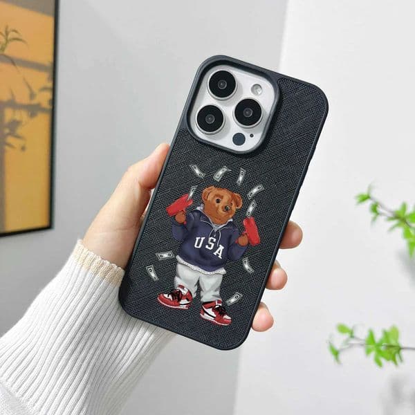 Italy bear phone case for iphone 16 15 14 plus 13 12 11 pro max cover Luxury Anti drop funda Cross pattern leather cases carcasa Z251203
