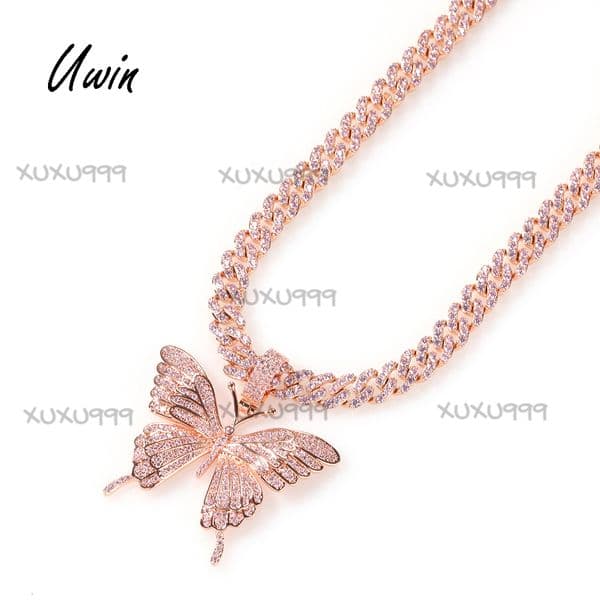 2020 Hot Sale Unique Pink Butterfly Pendant Cuban Chain Silver Gold Rose Gold Color Women Necklace