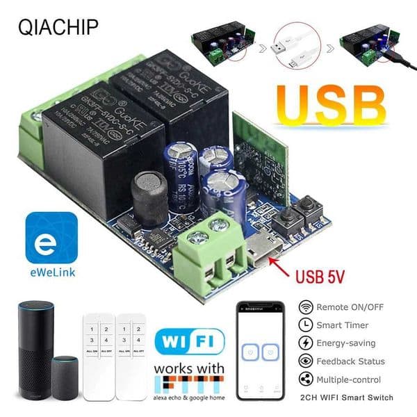 QIACHIP WiFi Smart Switch 10A DC 7-48V USB 5V 2 CH 24G RC with eWelink app Suitable for Curtain Motors Garage Doors LED Lights X251203