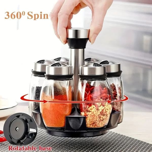 360Rotation Spice Rack6 Jar Seasoning Organizer Holder with Polished Metal Glass Refill Containers Jars for Kitchen Cook 251129BANJIA