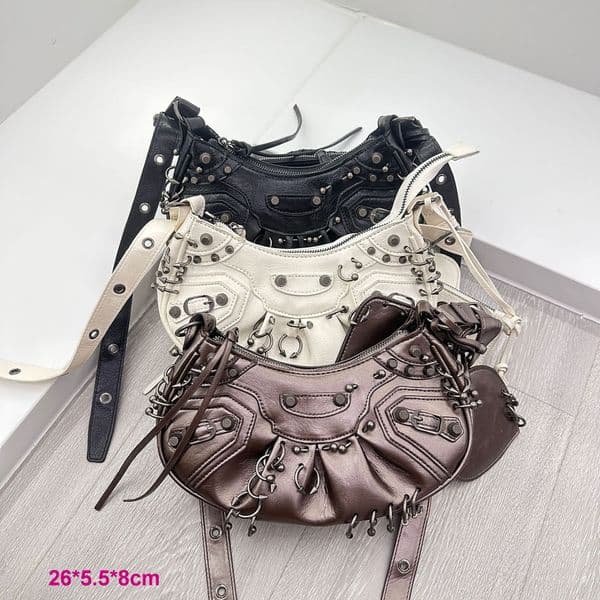 Luxur Designer Messenger Bag Shoulder Bag Female Gothic Rivet Crocodile Leather Saddle Bag with Purse Vintage Grunge Punk Rock Fashion Crossbody Bag