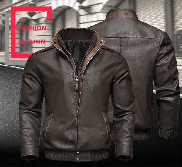 Spring Autumn New Fashion Mens Brown Casual Trendy Simple Basic Stand Collar Zipper Faux Leather Jackets Male Clothes Coats M251203