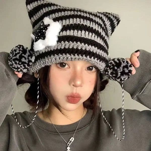 Y2K Beanie Hat Women Ins Devil Ear Striped Knitted Wool Cap Autumn Winter Hip-hop Crochet Cute Cat Ears Pointed Pullover Hats ddmythur