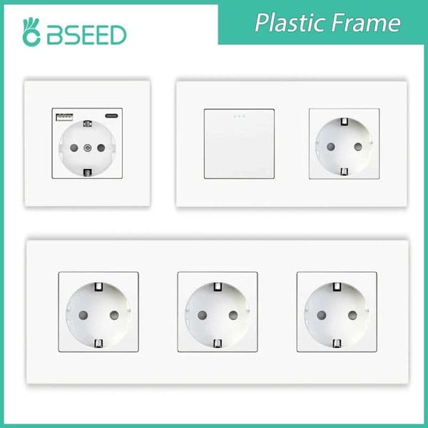 BSEED Light Switch With EU Wall Sockets Home Wall Switches 1/2/3Gang 1Way Backlight Plastic Frame Panel USB Charge Wall Sockets X251203