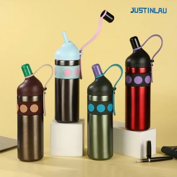 JUSTINLAU Thermos Cup Vacuum Flask Sippy Kids Straw Crooked Mouth Stainless Steel Car Travel Thermal Water Bottles 251203