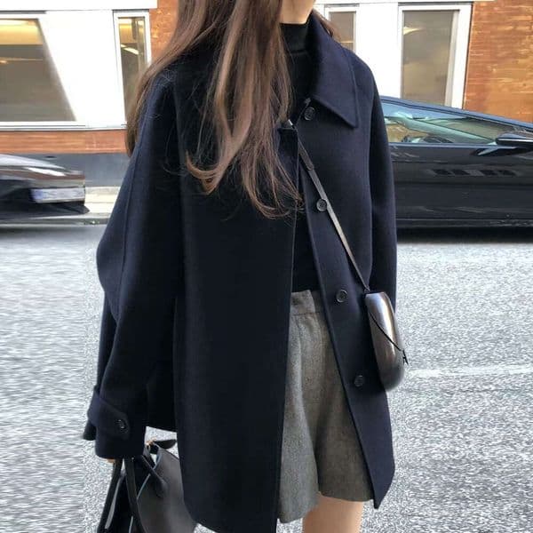 Autumn Winter Korean INS Blogger Style French Vintage Lapel Single-Breasted Mid-Length Wool Coat B5
