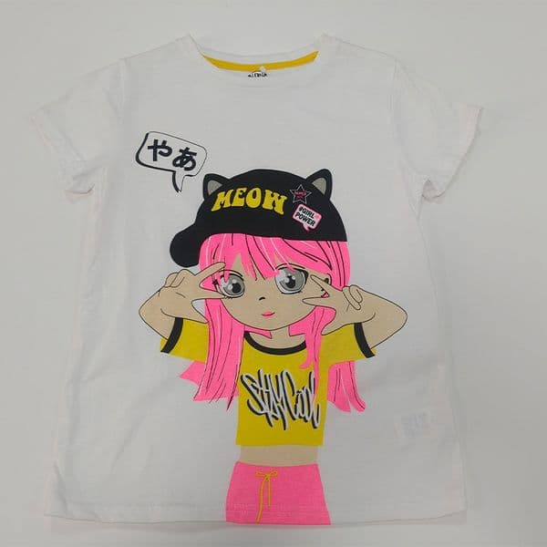 Girls Short Sleeve Cotton T-Shirt with Cute Cartoon Girl Print Breathable Moisture Wicking Soft Fabric L260514RQLR