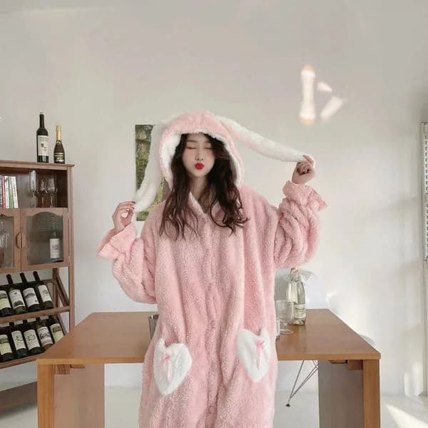 2025 Winter Pajamas Robe Lovely Long Ear Pink Hooded Homewear Loungewear Sleepwear Bathrobe Comfy Soft Pajama Party 251129BANJIA