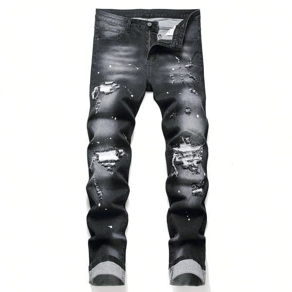 Men Cracked Blue Pleated Patch Biker Jeans Streetwear Holes Ripped Distressed Patchwork Stretch Denim Pants Slim Skinny Trousers 251204
