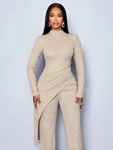 Womens AutumnWinter Elegant Asymmetric Highneck Tshirt and Pants Set 251204