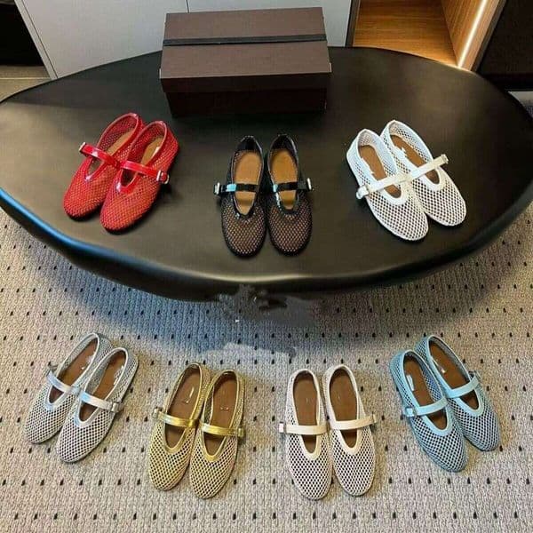 Top Luxury ALA Mesh Ballet Flats Ballerina Mary Jane shoe Cut-Outs pearl button buckle strap Dress designer jelly genuine leather Round toe Dance Office lady shoes