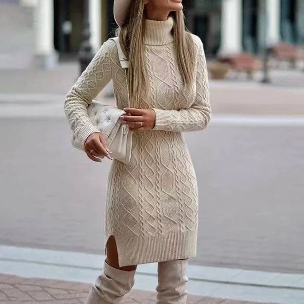 Autumn Winter Womens Knitted Wrap Hip Skirt High Neck Warm and Thickened Elegant Knitted Sweater Long Sleeve Dress 251203