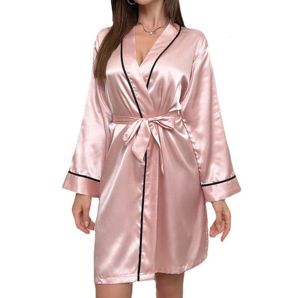 Womens Sexy Satin Robe Long Sleeve V Neck Short Kimono Contrast Piping Belted Sleepwear Loungewear Bridal Party Dressing Gown 251202