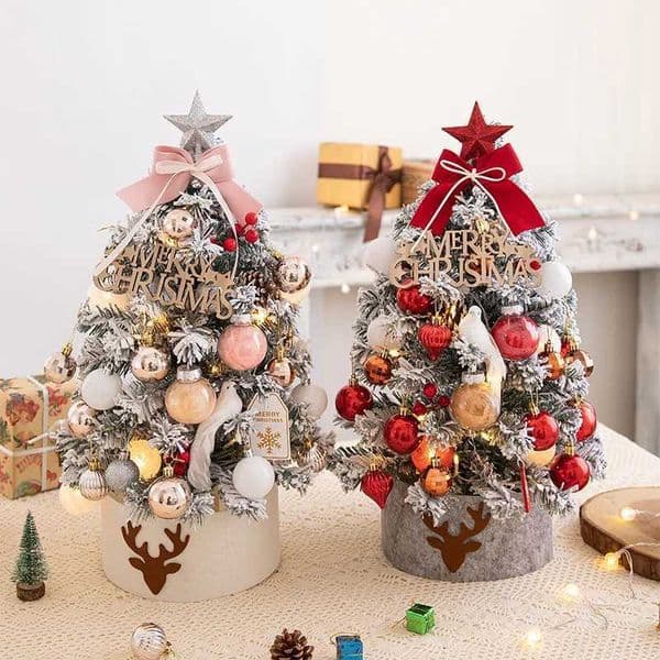Desktop Mini Christmas Tree Golden Red Ball Flocking Tree With Led Lights New Year He Ornaments Christmas Decorations 2025 H251204