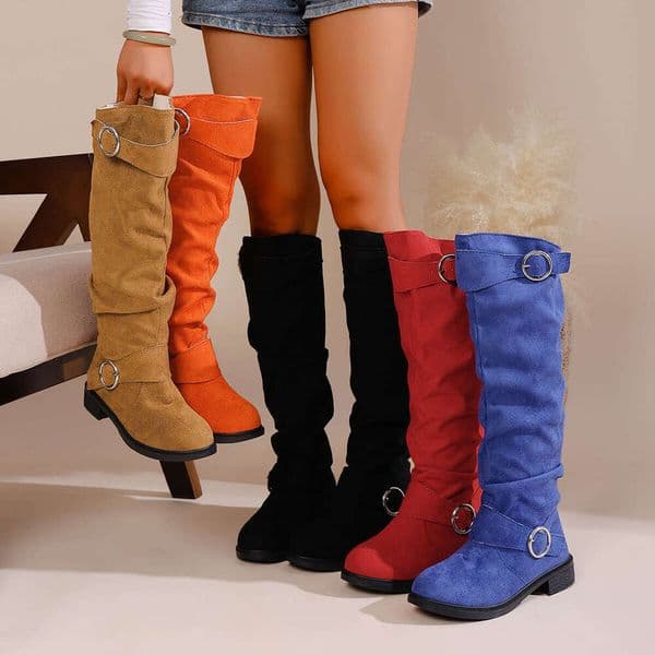 2025 new large size pleated flat western cowboy for women with free shipping premium feel belt buckle chunky heel slimming long riding boots