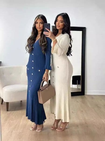 Elegant Knitted Long Dress Women Flare Sleelve V Neck Ruffles Single Breasted Bodycon Dresses Party Fashion Office Lady Vestidos 251203