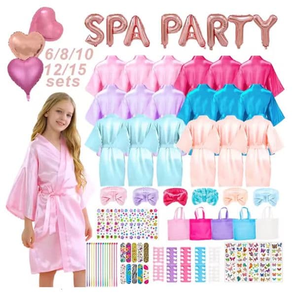 6-15Pcs Spa Party Robes for Girls Supplies Favors Kids Gowns Robe Soft Spa Headband Sleepover Birthday Party 251202BJ