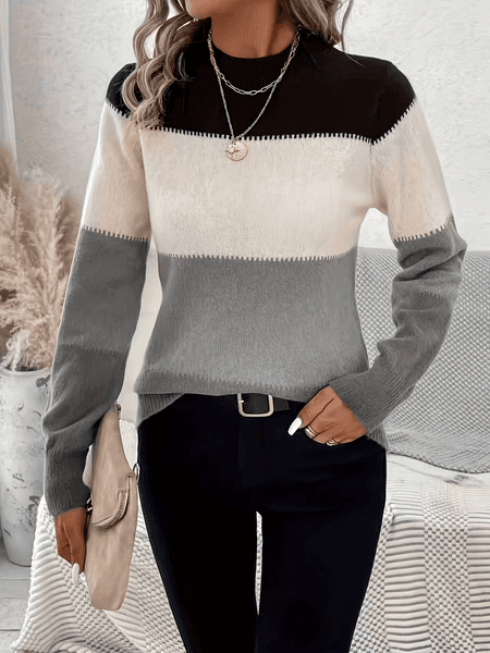 Women's Color-Block Pullover Sweater: Soft Skin-Friendly Fabric, Stylish Gradient Block Design, Slim-Fitting & Elegant for Daily Casual Outfits - Y5223