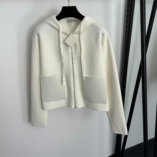 Luxury Womens Knit Jacket Long Sleeve Hooded Knitted Cardigan PU Leather Pocket Patchwork Knits Zipper Outerwear