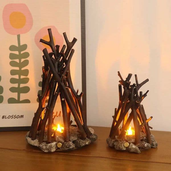 LED Bonfire Night Light - Handmade Branch Design with 3D Flame Effect Rustic Tabletop Decor for Airbnb Home M251205