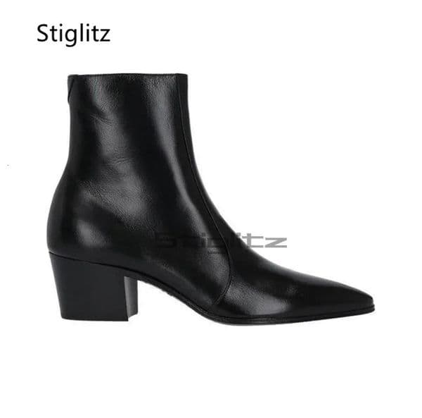 High Heels Mens Ankle Boots Black Pointed Toe Zip Genuine Leather Chelsea British Style Business Wedding Shoes 251103