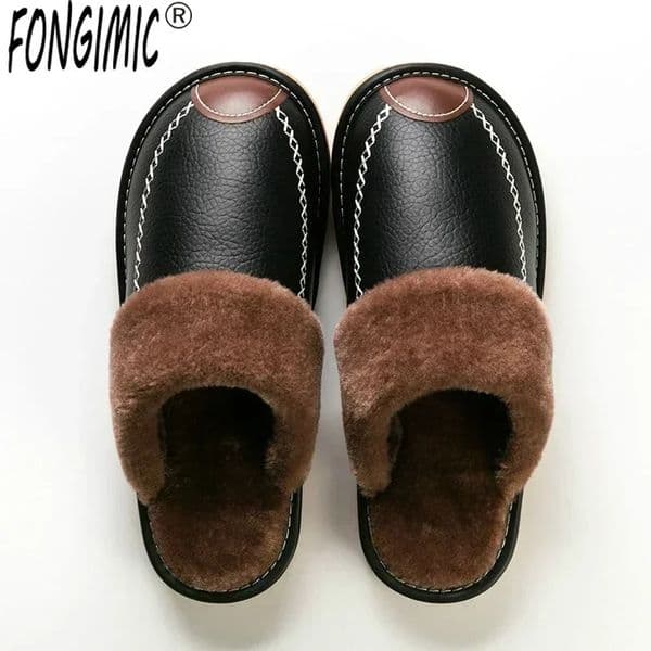 Men Winter Leather Slippers Bedroom Cotton Slippers Male Waterproof Thick Plus Velvet Indoor Warm House Home Slippers Shoes 251201