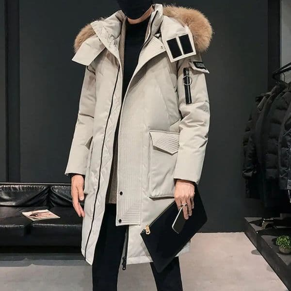 Men Down Jacket Fur Collar Hooded Long Sleeve Solid Color Winter Coat Zipper Placket Pockets Thickened Puffer Outwear 251203