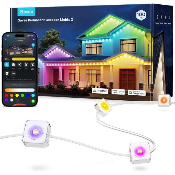 Smart RGBIC Outdoor Lights 100ft - 72 LEDs IP67 Waterproof 100 Scenes with White Light Works with Alexa/Google White Z251205