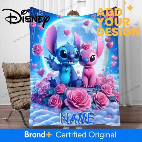 Customized Name Personalized Blanket, Disney Stitch Princess Cars Print Birthday Christmas Gift Sofa Bed Camping Blanket