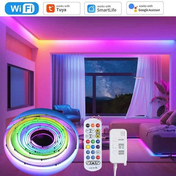 Tuya WiFi COB RGBIC LED Strip 12V 5m Music Sync Dream Color WS2811 Addressable Party Light RF Remote Control f Alexa Google Home Z251205