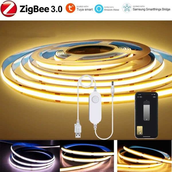 5V USB Tuya Zigbee 30 COB LED Strip Light 1m-5m Warm White Flexible Dimmable Lights 320leds/m Home Decoration for Alexa Google Z251205