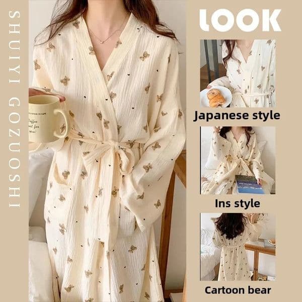Women Bathing Robe Cartoon Cute Bear Print Bathrobe Nightgown Cardigan Long Sleeve Nightdress Plus Size Loungewear Nightgown Ro 251202BJ