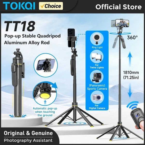 TOKQI Auto Open Tripod 7121in Extendable Selfie Stick Stable Quadrapod for Cellphone Action Camera Shoot Option Fill Light M251205