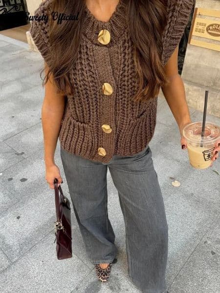Casual Brown Knit Vest Women Vintage O Neck Single Breasted Pocket Sweater Vests Autumn Winter Solid Sleeveless Lady Tops 251204