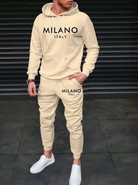 Mens Autumn/Winter Casual Warm MILANO ITALY Letter Printed Loose Thick Velvet Sports HoodieSweatpants Set 251204