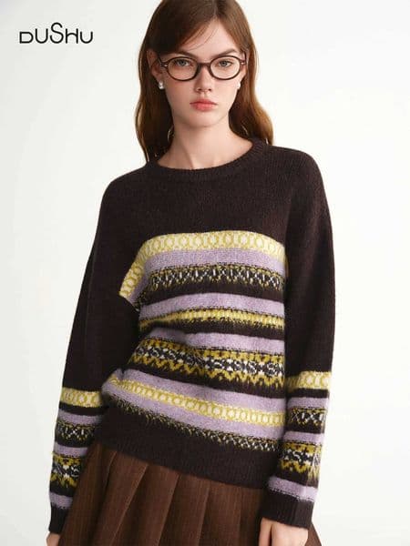 DUSHU Womens Autumn Winter Sweater Retro Pattern Folk Floral Isle Style Round Collar Wool Long Sleeve Loose Pullovers Warm Cozy J251205